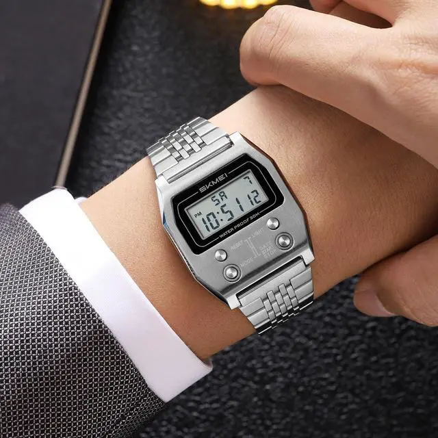 Alt view image 2 of 6 - Retro Rectangle Digital Watch for Men Classic Stylish Design Multifunction Gold Stainless Steel Business Men Wristwatch with Alarm, Stopwatch, Countdown (Silver)