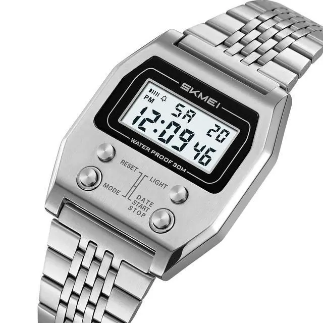 Alt view image 4 of 6 - Retro Rectangle Digital Watch for Men Classic Stylish Design Multifunction Gold Stainless Steel Business Men Wristwatch with Alarm, Stopwatch, Countdown (Silver)