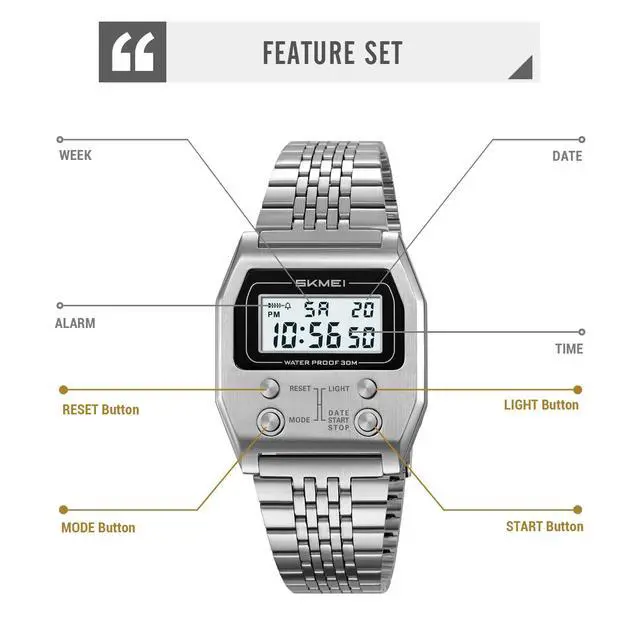 Alt view image 5 of 6 - Retro Rectangle Digital Watch for Men Classic Stylish Design Multifunction Gold Stainless Steel Business Men Wristwatch with Alarm, Stopwatch, Countdown (Silver)