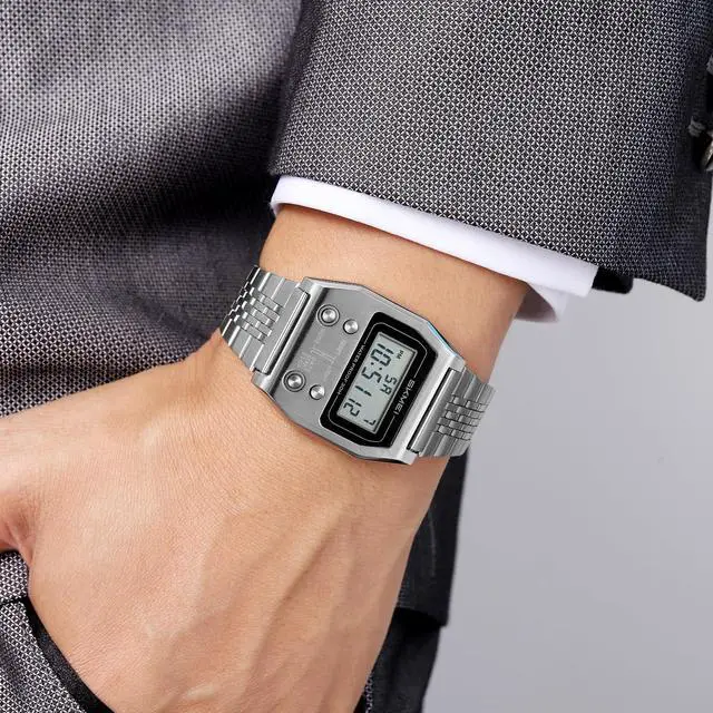 Alt view image 3 of 6 - Retro Rectangle Digital Watch for Men Classic Stylish Design Multifunction Gold Stainless Steel Business Men Wristwatch with Alarm, Stopwatch, Countdown (Silver)