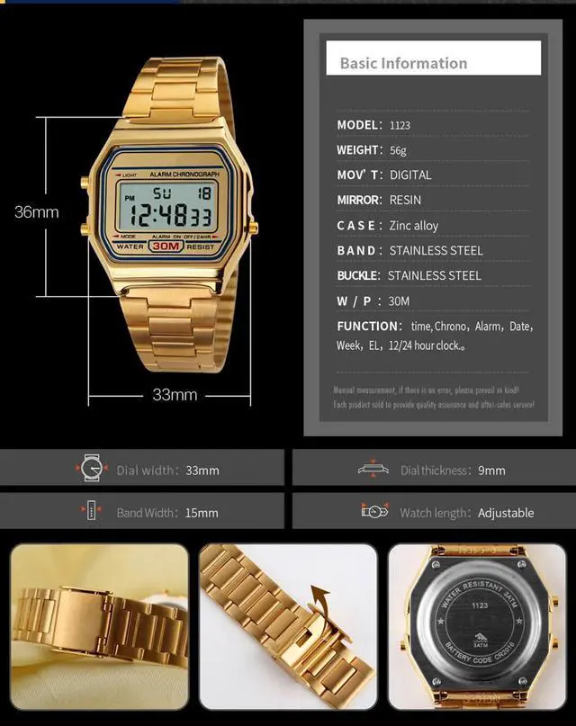 Alt view image 5 of 7 - Men's Digital Gold Stainless Steel Watch