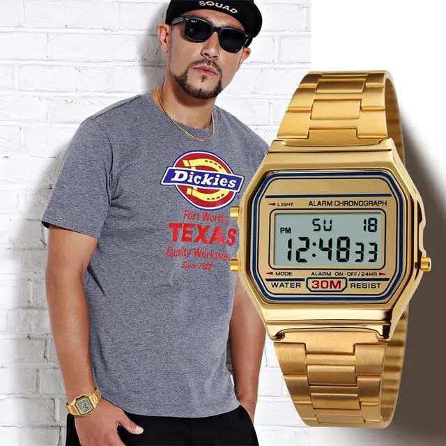 Alt view image 7 of 7 - Men's Digital Gold Stainless Steel Watch