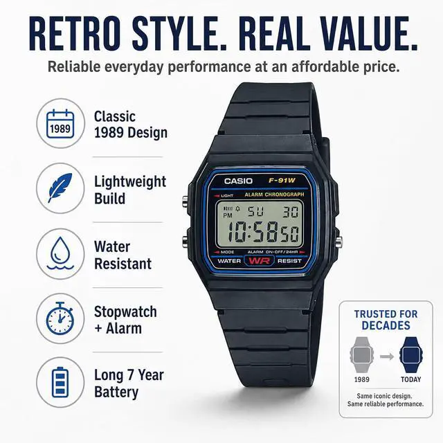 Alt view image 5 of 5 - Men's Vintage F91W-1 Resin Strap Digital Sport Watch