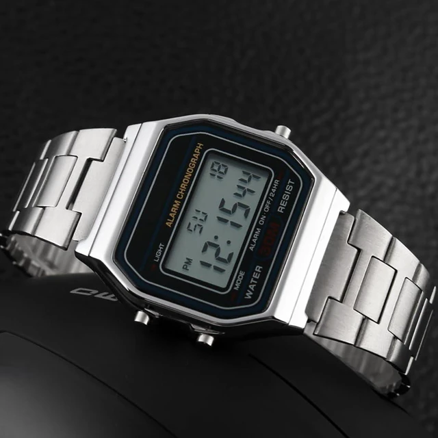 Alt view image 2 of 7 - Men Lady Vintage Retro Gold Stainless Steel Digital Casual Watch Alarm Stopwatch(Silver)