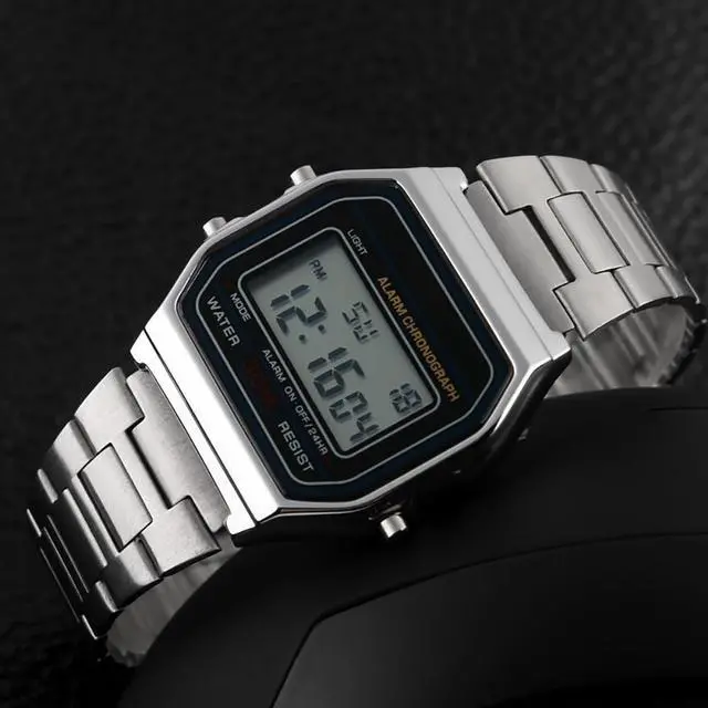 Alt view image 3 of 7 - Men Lady Vintage Retro Gold Stainless Steel Digital Casual Watch Alarm Stopwatch(Silver)
