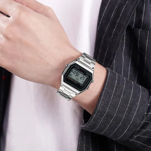 Alt view image 4 of 7 - Men Lady Vintage Retro Gold Stainless Steel Digital Casual Watch Alarm Stopwatch(Silver)