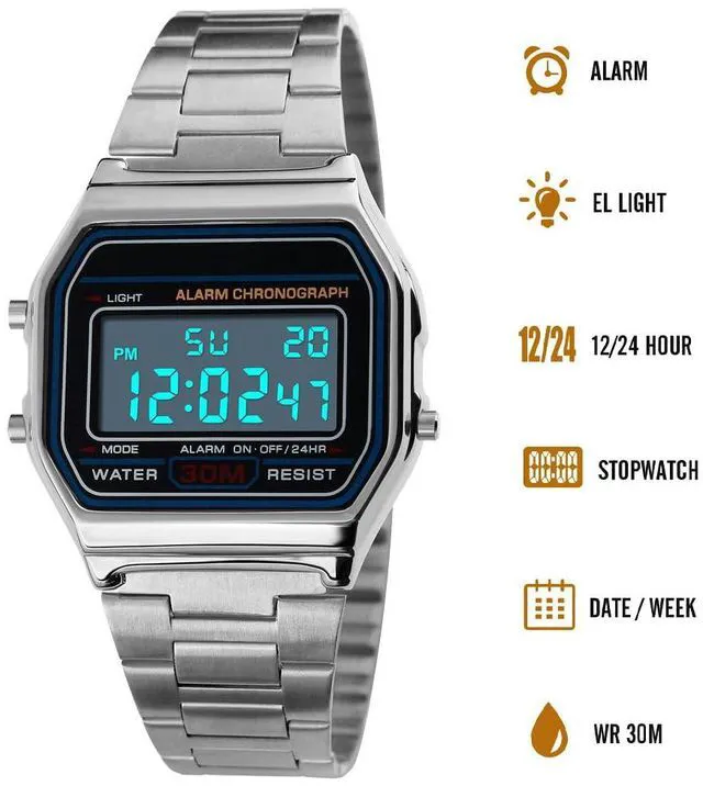 Alt view image 6 of 7 - Men Lady Vintage Retro Gold Stainless Steel Digital Casual Watch Alarm Stopwatch(Silver)