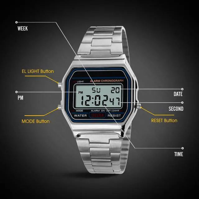 Alt view image 7 of 7 - Men Lady Vintage Retro Gold Stainless Steel Digital Casual Watch Alarm Stopwatch(Silver)