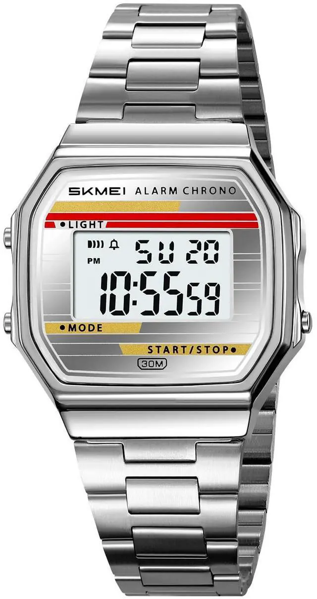 Main image of Retro Digital Watch for Men Women, Stainless Steel Band Vintage LED Backlight Alarm Stopwatch Waterproof Chronograph Wristwatch with Date Week Display, 12/24H, 30M Water Resistant (Silver Silver)