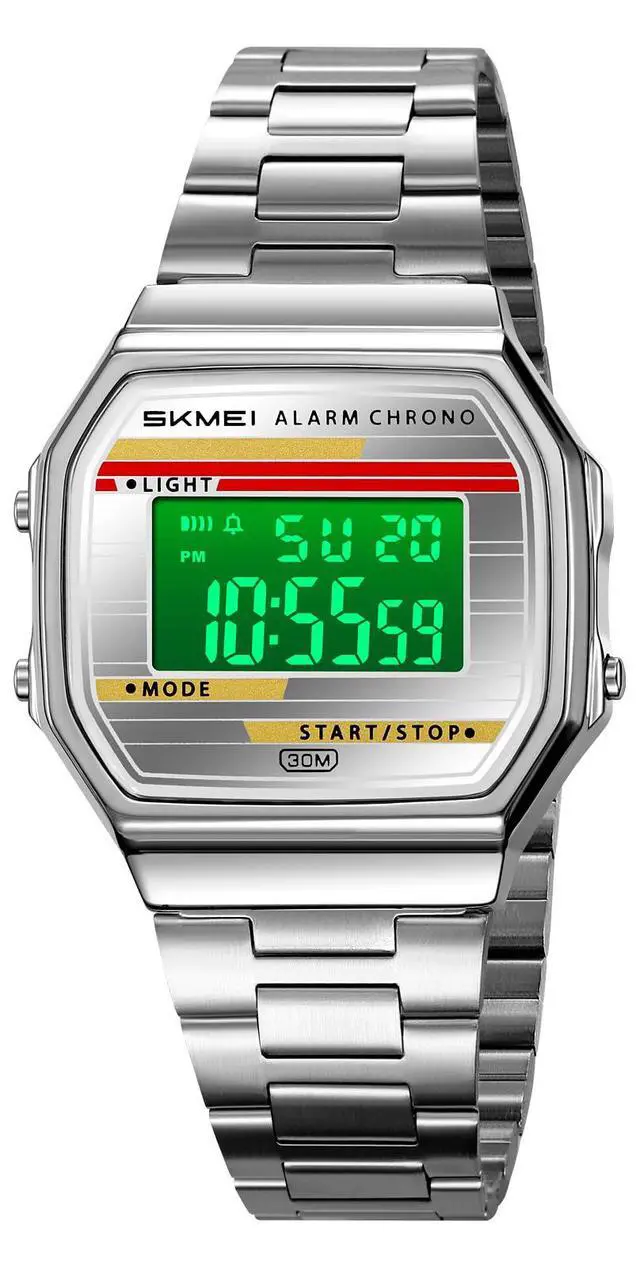 Alt view image 2 of 7 - Retro Digital Watch for Men Women, Stainless Steel Band Vintage LED Backlight Alarm Stopwatch Waterproof Chronograph Wristwatch with Date Week Display, 12/24H, 30M Water Resistant (Silver Silver)