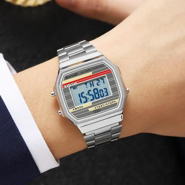 Alt view image 3 of 7 - Retro Digital Watch for Men Women, Stainless Steel Band Vintage LED Backlight Alarm Stopwatch Waterproof Chronograph Wristwatch with Date Week Display, 12/24H, 30M Water Resistant (Silver Silver)