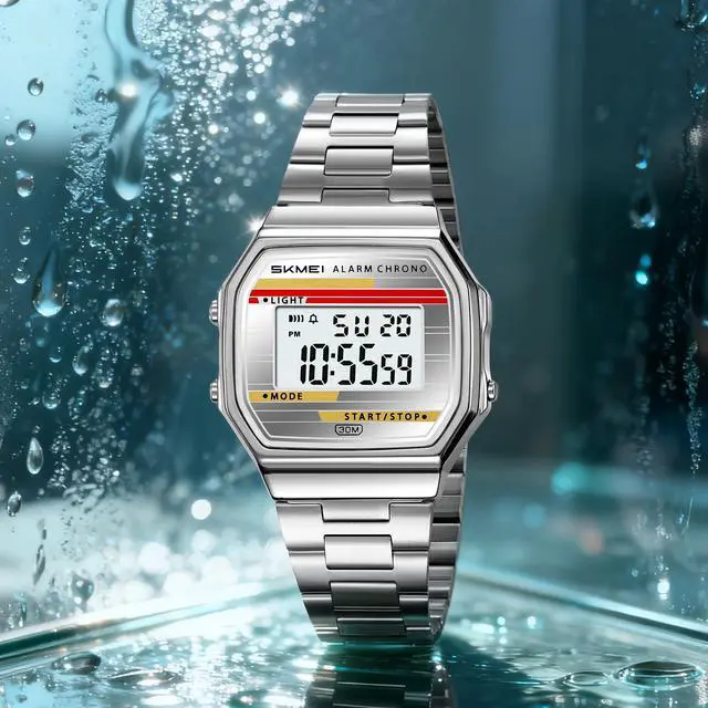 Alt view image 4 of 7 - Retro Digital Watch for Men Women, Stainless Steel Band Vintage LED Backlight Alarm Stopwatch Waterproof Chronograph Wristwatch with Date Week Display, 12/24H, 30M Water Resistant (Silver Silver)