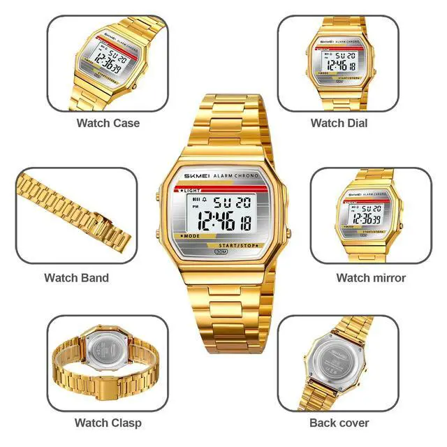 Alt view image 7 of 7 - Retro Digital Watch for Men Women, Stainless Steel Band Vintage LED Backlight Alarm Stopwatch Waterproof Chronograph Wristwatch with Date Week Display, 12/24H, 30M Water Resistant (Silver Silver)