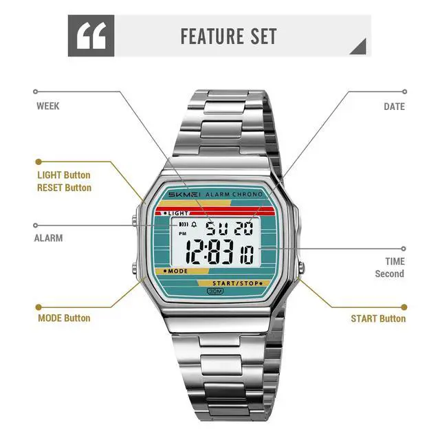 Alt view image 5 of 7 - Retro Digital Watch for Men Women, Stainless Steel Band Vintage LED Backlight Alarm Stopwatch Waterproof Chronograph Wristwatch with Date Week Display, 12/24H, 30M Water Resistant (Silver Silver)