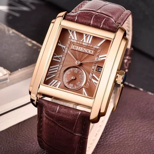 Alt view image 3 of 6 - Men's Watches Casual Retro Rectangular Waterproof Dress Analog Quartz Wrist Watch for Men Business Sports Gift Wristwatch Roman Numeral Leather Strap Watch with Auto Calendar Window (Brown)