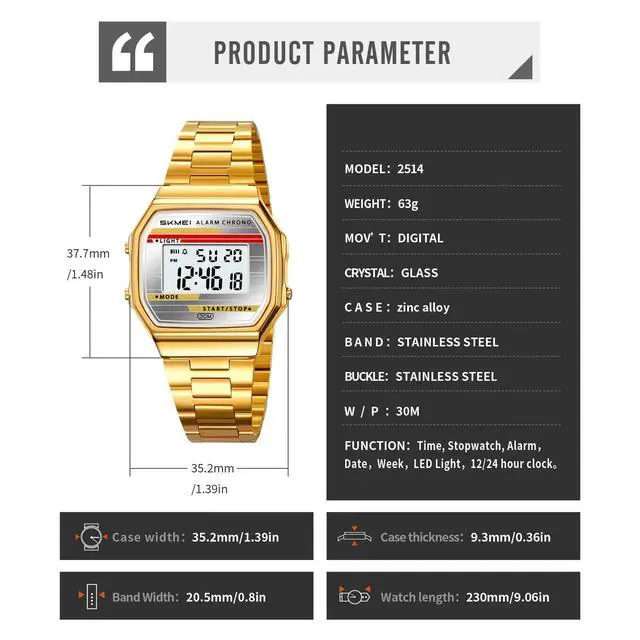 Alt view image 6 of 7 - Retro Digital Watch for Men Women, Stainless Steel Band Vintage LED Backlight Alarm Stopwatch Waterproof Chronograph Wristwatch with Date Week Display, 12/24H, 30M Water Resistant (Silver Silver)