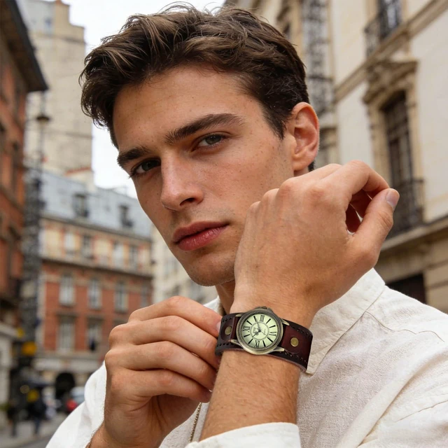 Alt view image 3 of 7 - Vintage Leather Cuff Watch Punk Analog Quartz Wristwatch