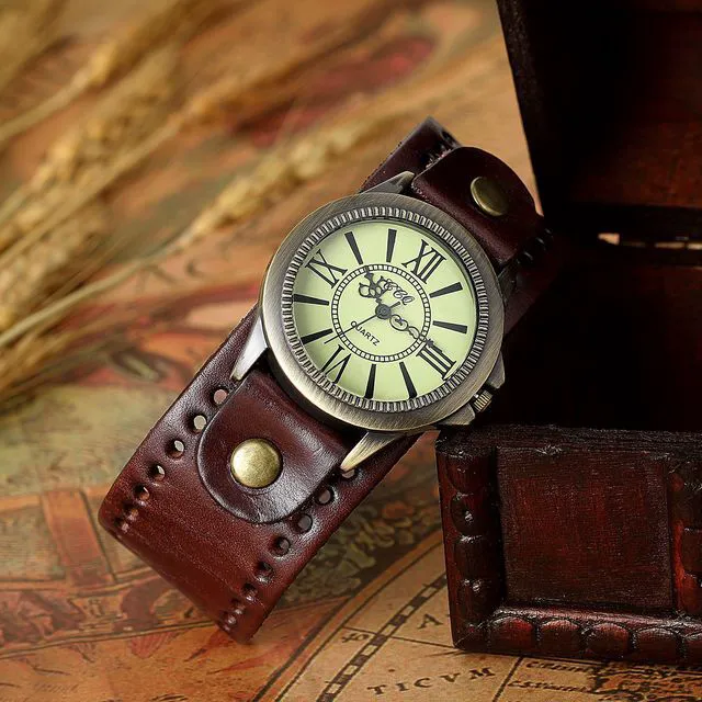 Alt view image 4 of 7 - Vintage Leather Cuff Watch Punk Analog Quartz Wristwatch