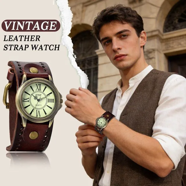 Alt view image 7 of 7 - Vintage Leather Cuff Watch Punk Analog Quartz Wristwatch