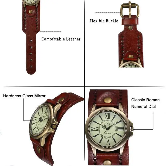 Alt view image 5 of 7 - Vintage Leather Cuff Watch Punk Analog Quartz Wristwatch