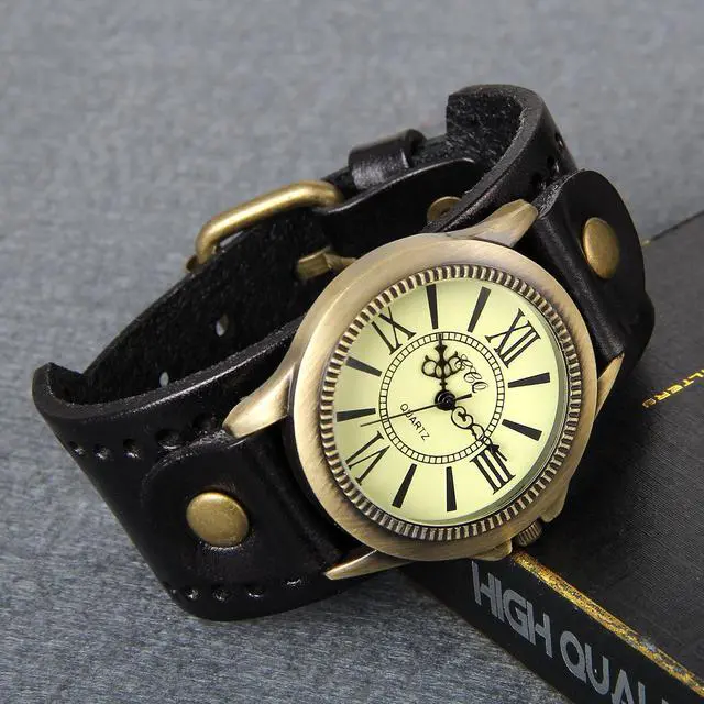 Alt view image 2 of 7 - Vintage Bronze Leather Watches: Retro Steampunk Wide Cuff Analog Quartz Wrist Watches for Men and Women