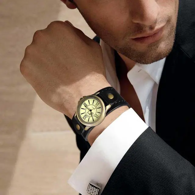Alt view image 4 of 7 - Vintage Bronze Leather Watches: Retro Steampunk Wide Cuff Analog Quartz Wrist Watches for Men and Women