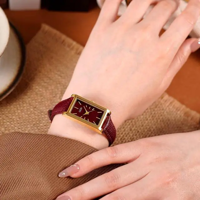 Alt view image 3 of 6 - Vintage Women's Rectangle Wristwatch Classic Ladies Analog Quartz Watch Ultra-Thin Ladies Bangle Bracelet Watch Female Business Dress Watches with Leather Strap (X Gold Red)
