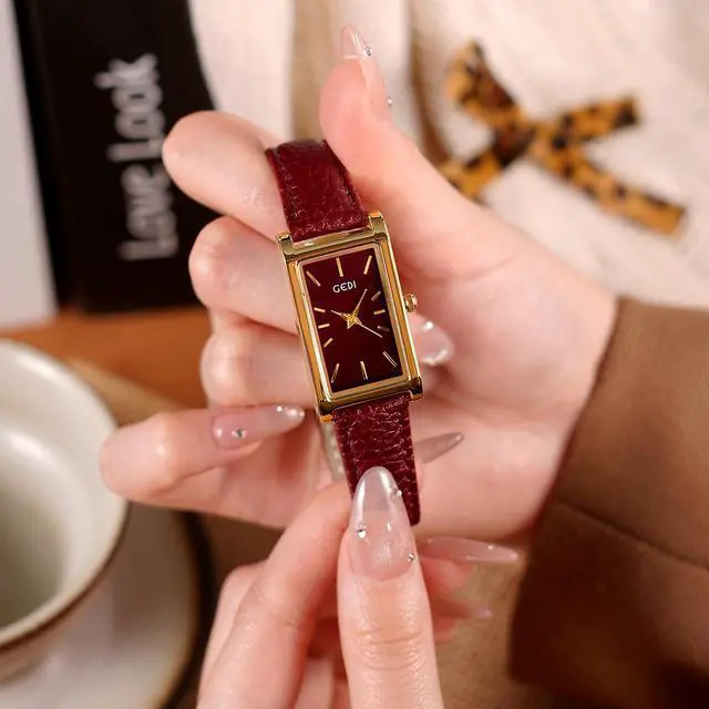 Alt view image 5 of 6 - Vintage Women's Rectangle Wristwatch Classic Ladies Analog Quartz Watch Ultra-Thin Ladies Bangle Bracelet Watch Female Business Dress Watches with Leather Strap (X Gold Red)