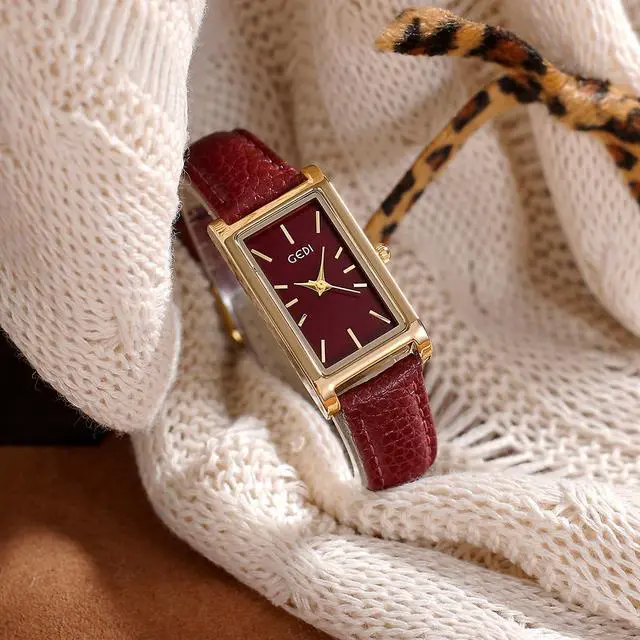 Alt view image 6 of 6 - Vintage Women's Rectangle Wristwatch Classic Ladies Analog Quartz Watch Ultra-Thin Ladies Bangle Bracelet Watch Female Business Dress Watches with Leather Strap (X Gold Red)