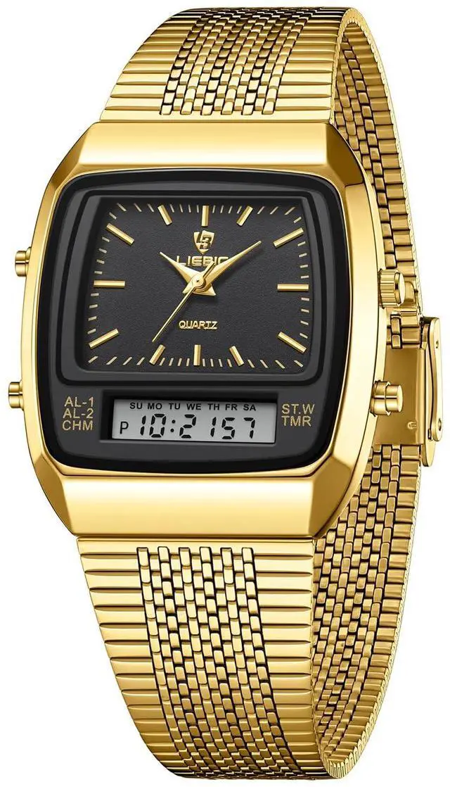 Main image of Men's Watches Multifunction Square Dual Display Sport Watch for Men Waterproof Stainless Steel Chronograph Fashion Wristwatch, Retro Gold Mesh Band (Black Gold)