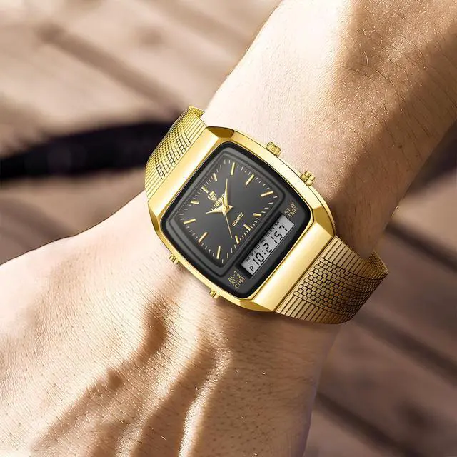 Alt view image 2 of 6 - Men's Watches Multifunction Square Dual Display Sport Watch for Men Waterproof Stainless Steel Chronograph Fashion Wristwatch, Retro Gold Mesh Band (Black Gold)