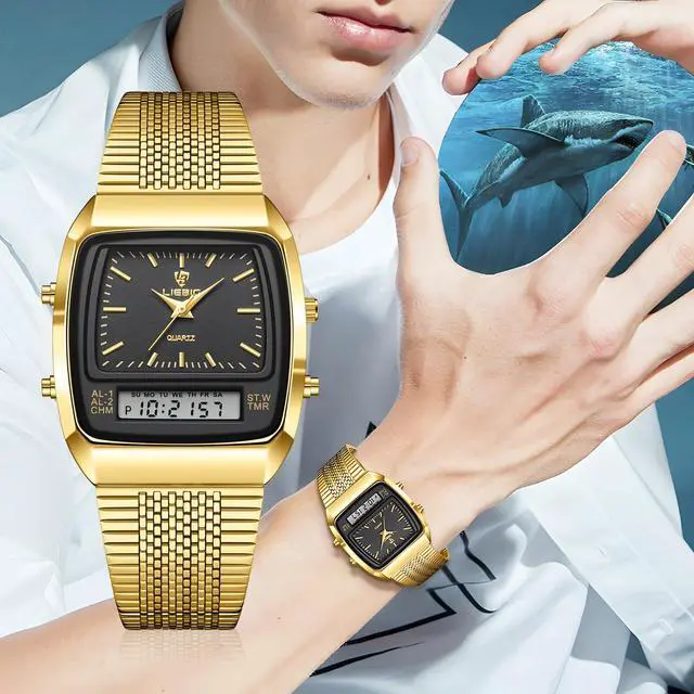 Alt view image 3 of 6 - Men's Watches Multifunction Square Dual Display Sport Watch for Men Waterproof Stainless Steel Chronograph Fashion Wristwatch, Retro Gold Mesh Band (Black Gold)