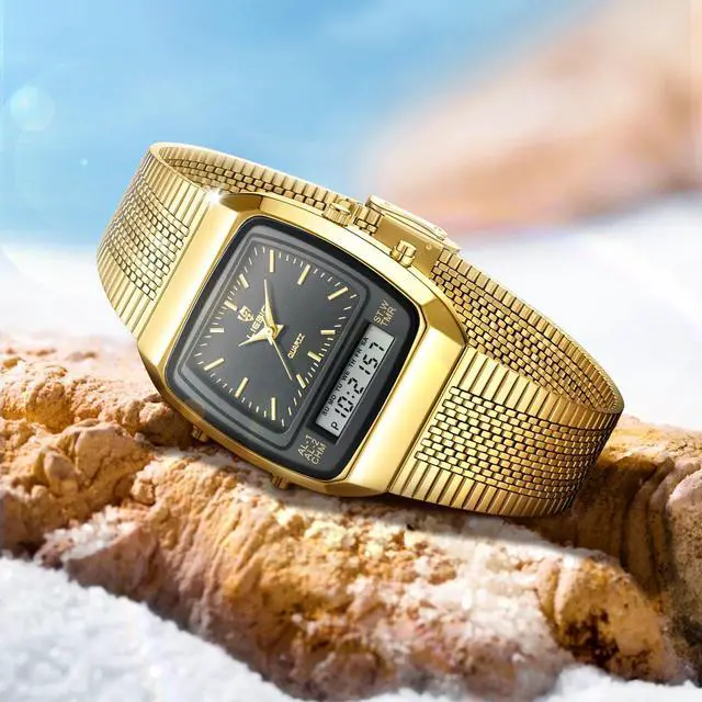 Alt view image 4 of 6 - Men's Watches Multifunction Square Dual Display Sport Watch for Men Waterproof Stainless Steel Chronograph Fashion Wristwatch, Retro Gold Mesh Band (Black Gold)