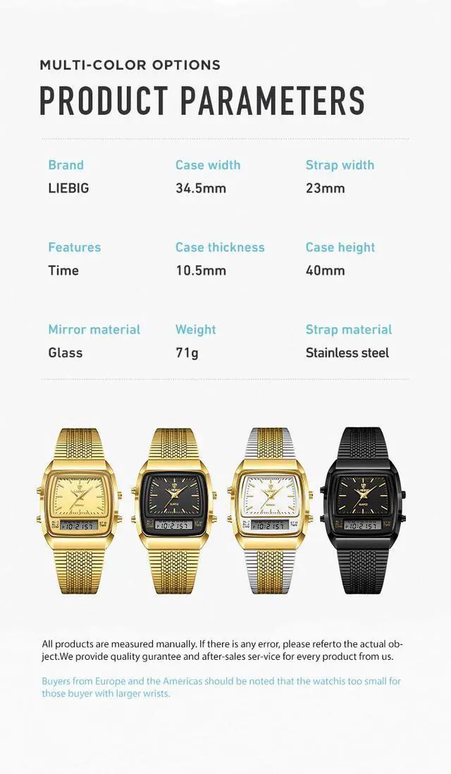 Alt view image 6 of 6 - Men's Watches Multifunction Square Dual Display Sport Watch for Men Waterproof Stainless Steel Chronograph Fashion Wristwatch, Retro Gold Mesh Band (Black Gold)