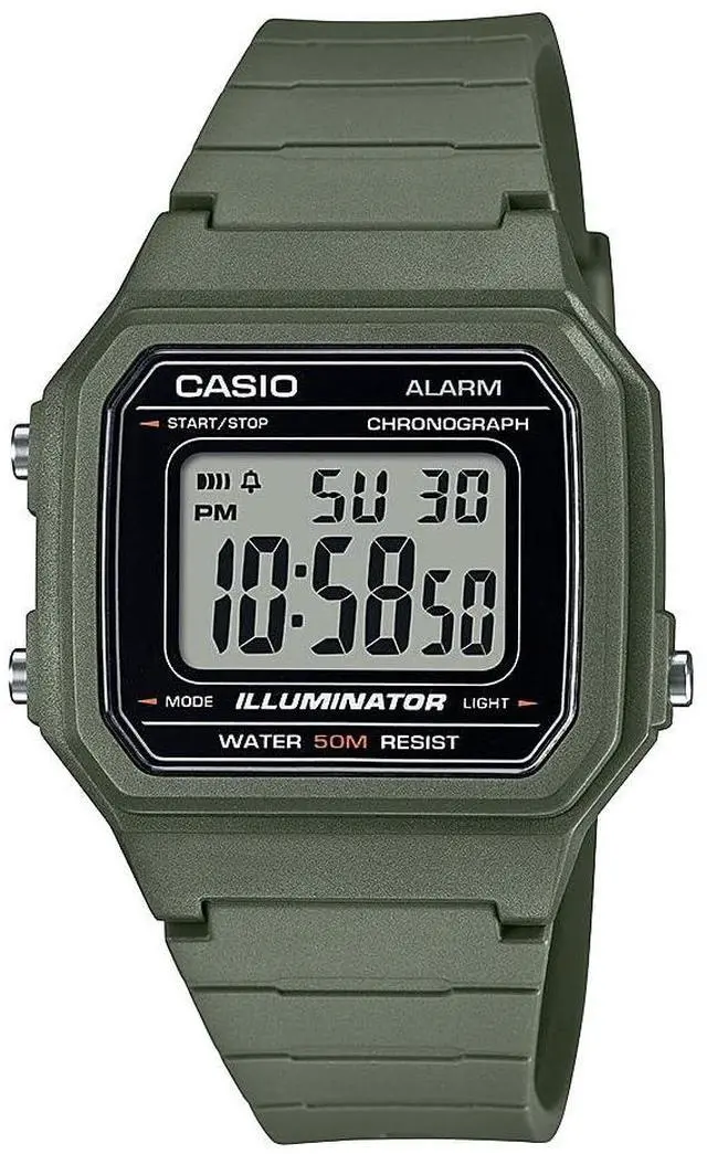 Main image of W217H-3AV Series | Mens Digital Watch | Green | 50M WR | Resin Band | LED Backlight | 1/100 SEC Stopwatch | Daily Alarm | Auto Calendar | 12/24 HR Format | Chronograph | 7 Year Battery