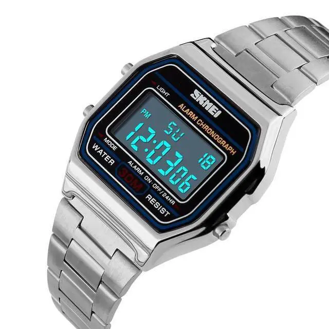 Alt view image 3 of 7 - Silver Watch Men's Digital Watch Stainless Steel Band Water Resistant Electronic Square LED Back Light Classic Wristwatch Silver