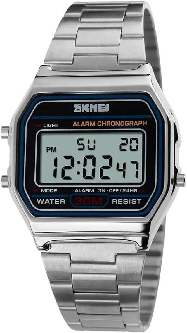 Main image of Silver Watch Men's Digital Watch Stainless Steel Band Water Resistant Electronic Square LED Back Light Classic Wristwatch Silver