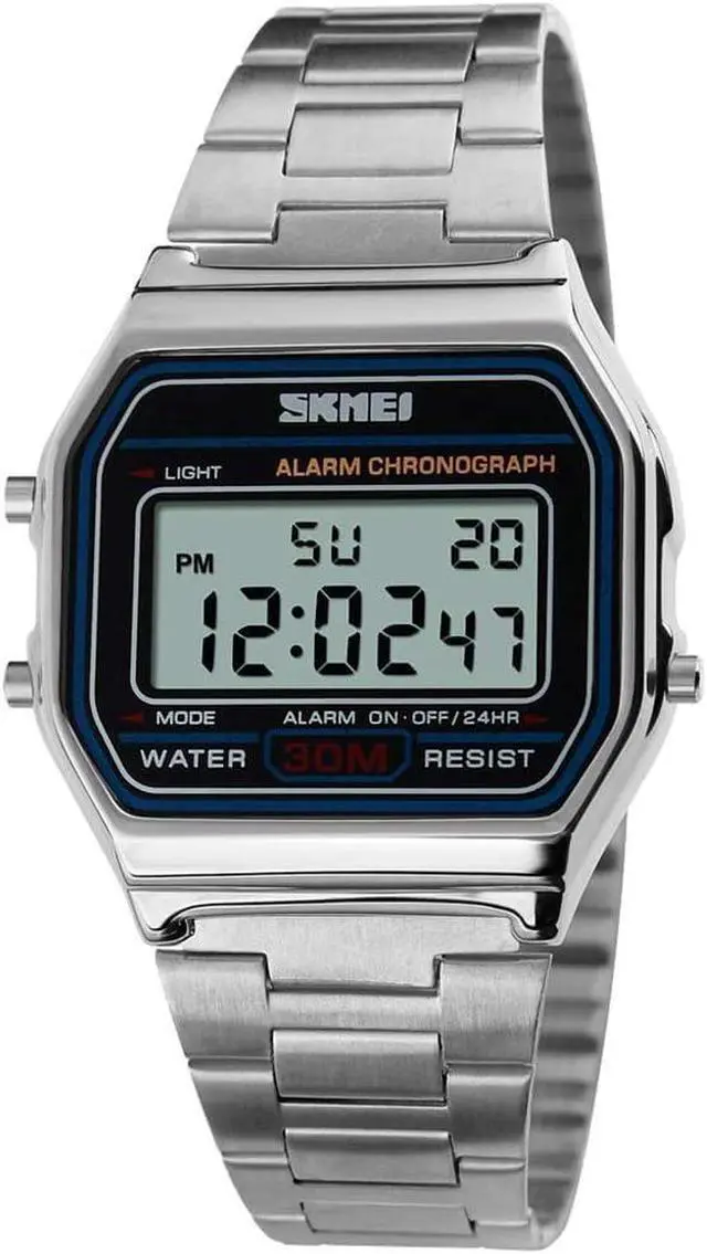 Alt view image 2 of 7 - Silver Watch Men's Digital Watch Stainless Steel Band Water Resistant Electronic Square LED Back Light Classic Wristwatch Silver