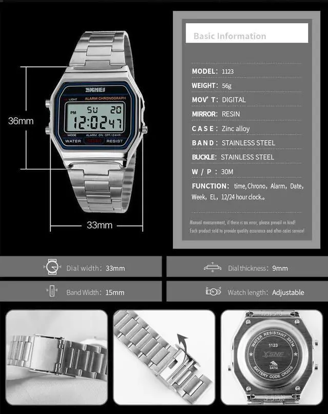 Alt view image 5 of 7 - Silver Watch Men's Digital Watch Stainless Steel Band Water Resistant Electronic Square LED Back Light Classic Wristwatch Silver
