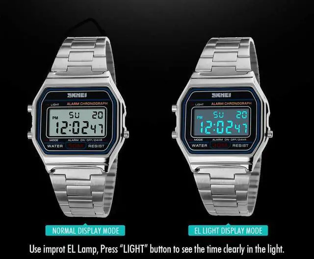 Alt view image 6 of 7 - Silver Watch Men's Digital Watch Stainless Steel Band Water Resistant Electronic Square LED Back Light Classic Wristwatch Silver