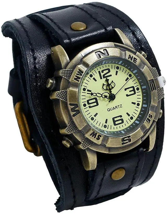 Main image of Men's Vintage Leather Watches: Retro Punk Wide Band Cuff Steampunk Analog Quartz Wrist Watch