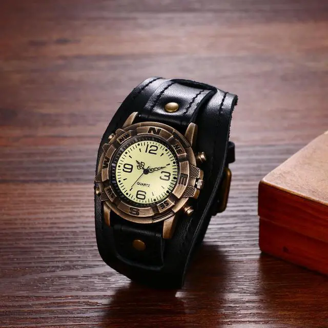 Alt view image 2 of 6 - Men's Vintage Leather Watches: Retro Punk Wide Band Cuff Steampunk Analog Quartz Wrist Watch