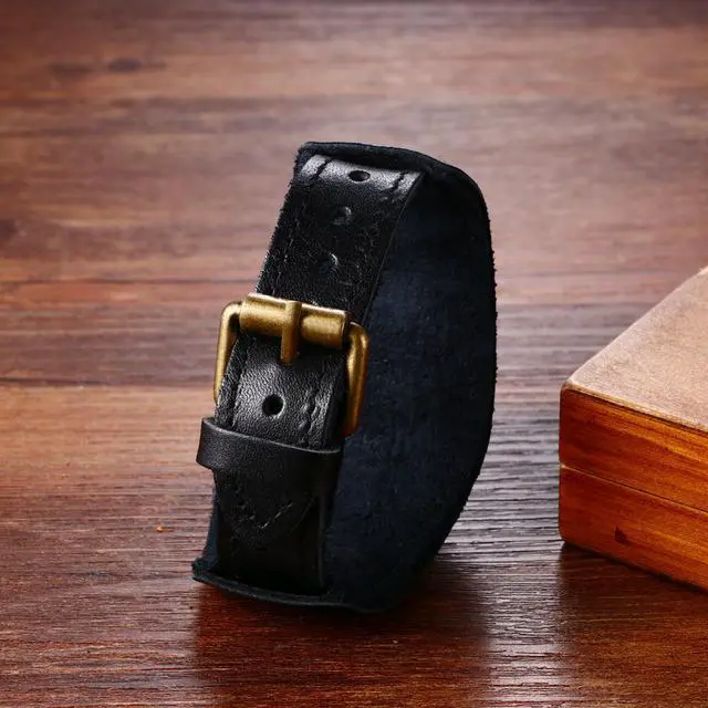 Alt view image 3 of 6 - Men's Vintage Leather Watches: Retro Punk Wide Band Cuff Steampunk Analog Quartz Wrist Watch