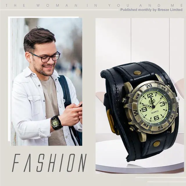 Alt view image 5 of 6 - Men's Vintage Leather Watches: Retro Punk Wide Band Cuff Steampunk Analog Quartz Wrist Watch