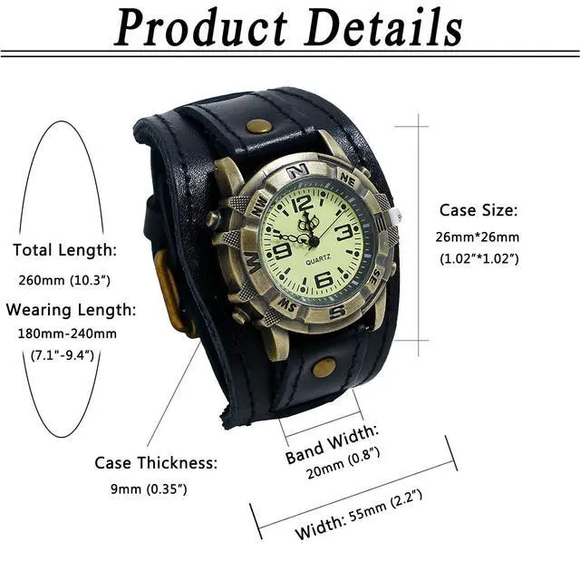Alt view image 6 of 6 - Men's Vintage Leather Watches: Retro Punk Wide Band Cuff Steampunk Analog Quartz Wrist Watch
