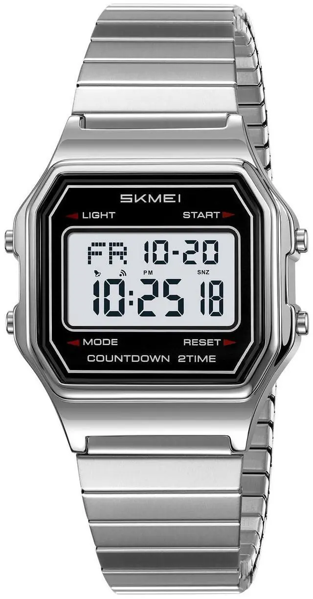 Main image of Unisex Square Face Digital Watch Retro Y2K Stainless Steel & Stretching Band 30M Waterproof Wristwatch with LED Backlight, Dual Time, Alarm, Multiple Color Options (Silver Stretch)