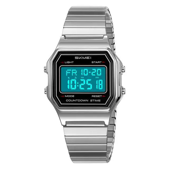 Alt view image 2 of 7 - Unisex Square Face Digital Watch Retro Y2K Stainless Steel & Stretching Band 30M Waterproof Wristwatch with LED Backlight, Dual Time, Alarm, Multiple Color Options (Silver Stretch)