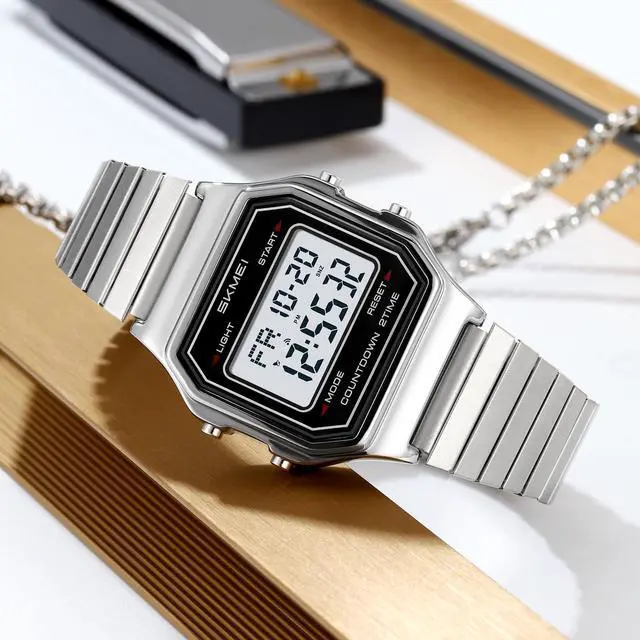Alt view image 3 of 7 - Unisex Square Face Digital Watch Retro Y2K Stainless Steel & Stretching Band 30M Waterproof Wristwatch with LED Backlight, Dual Time, Alarm, Multiple Color Options (Silver Stretch)