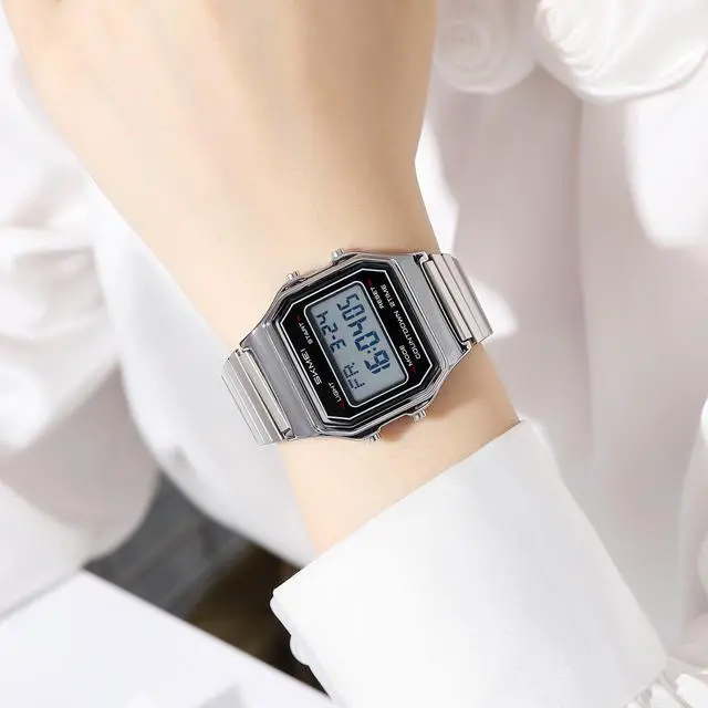Alt view image 4 of 7 - Unisex Square Face Digital Watch Retro Y2K Stainless Steel & Stretching Band 30M Waterproof Wristwatch with LED Backlight, Dual Time, Alarm, Multiple Color Options (Silver Stretch)
