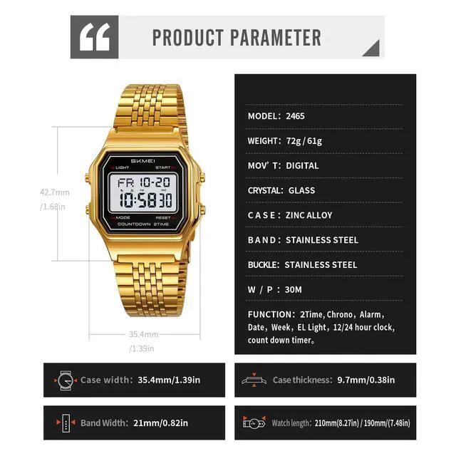 Alt view image 5 of 7 - Unisex Square Face Digital Watch Retro Y2K Stainless Steel & Stretching Band 30M Waterproof Wristwatch with LED Backlight, Dual Time, Alarm, Multiple Color Options (Silver Stretch)